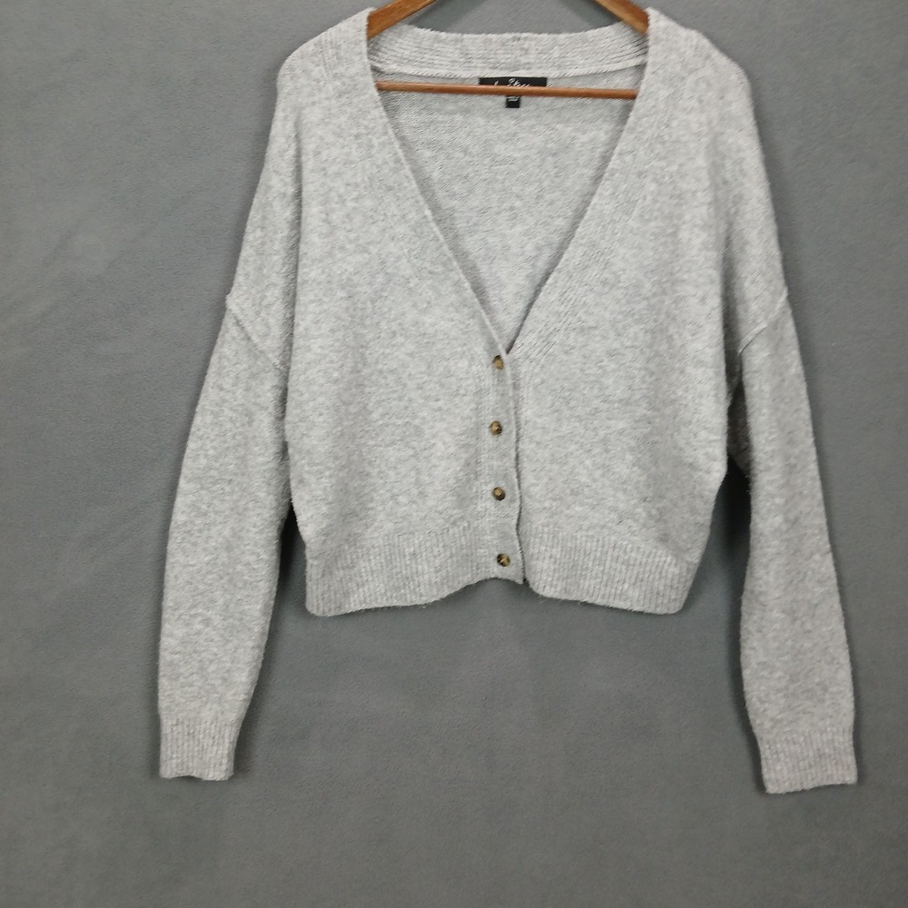 Love Tree Cardigan Sweater Womens Large Heather Gray Tight Knit Ribbed Thermal